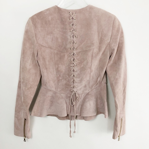 intermix • sofie pink blush rose suede lace up peplum fitted zip jacket - Picture 4 of 9